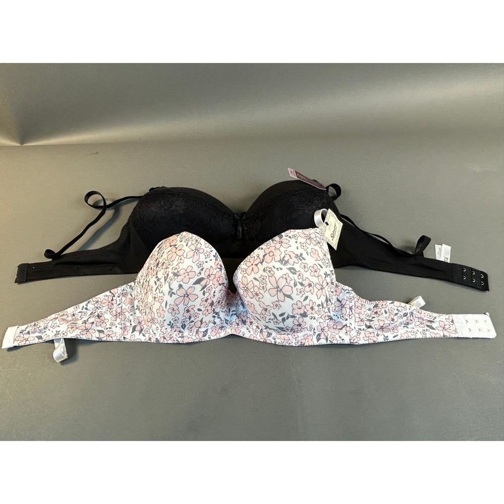 Sofra Intimates 2 Pack Bras 34C Black Lace‎ Floral Print Padded Underwire NWT
